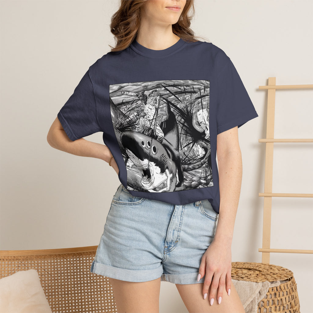 Chainsaw Man Shark Fiend T-Shirt | Black & White Manga Graphic Tee | Japanese Anime Streetwear