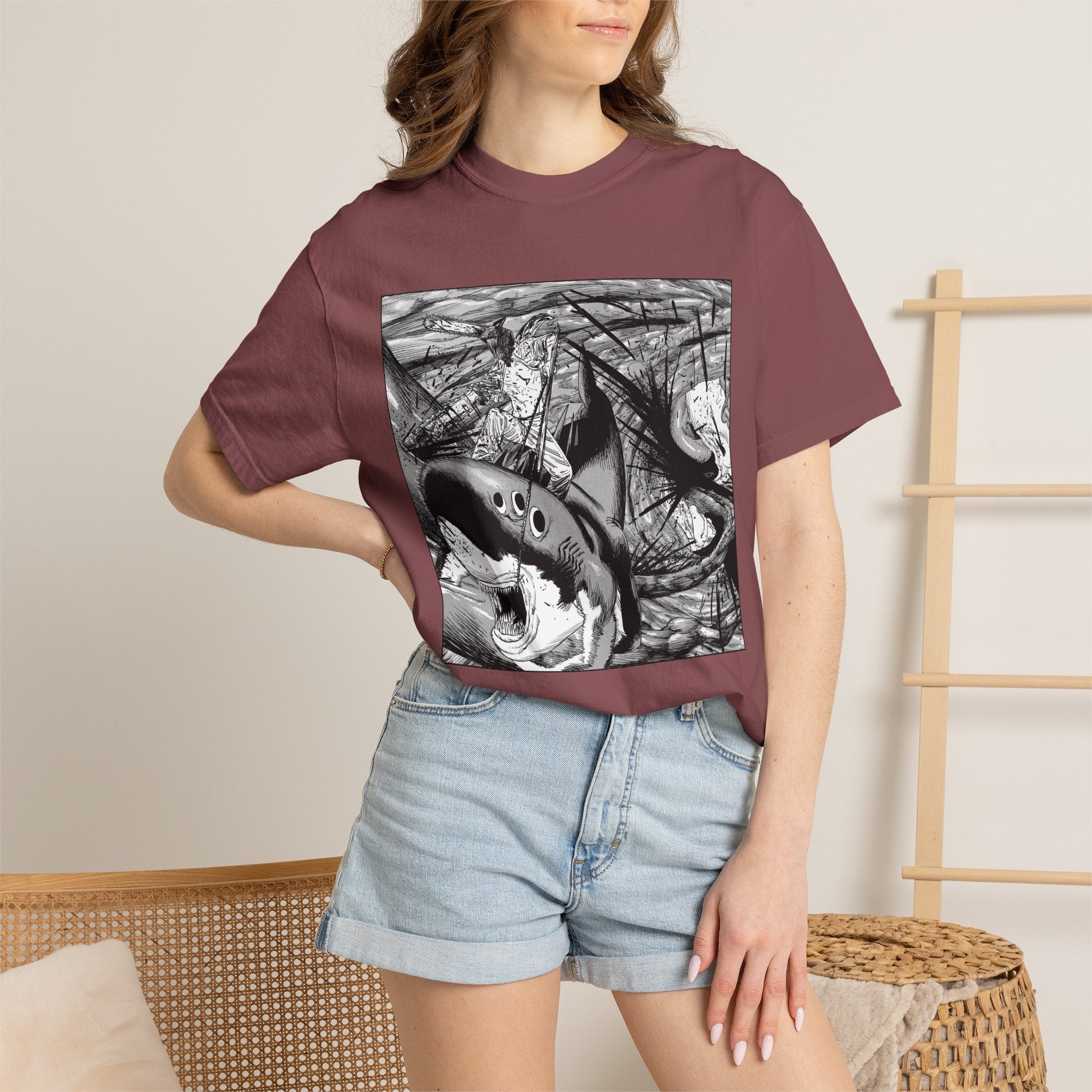 Chainsaw Man Shark Fiend T-Shirt | Black & White Manga Graphic Tee | Japanese Anime Streetwear