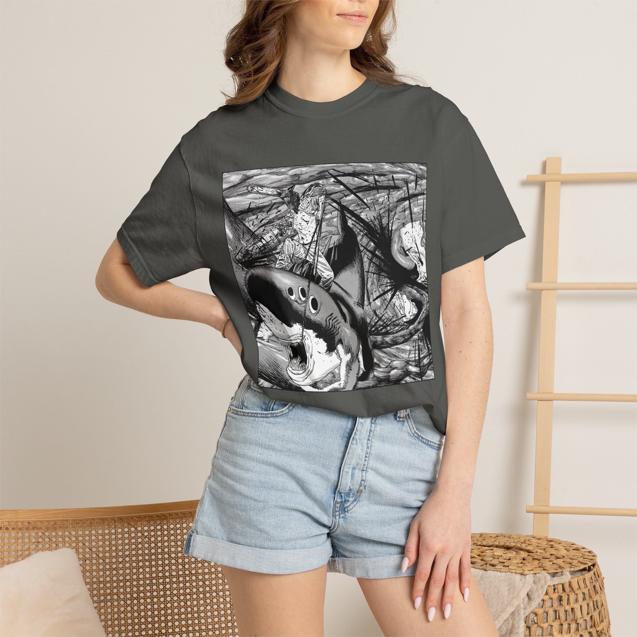 Chainsaw Man Shark Fiend T-Shirt | Black & White Manga Graphic Tee | Japanese Anime Streetwear