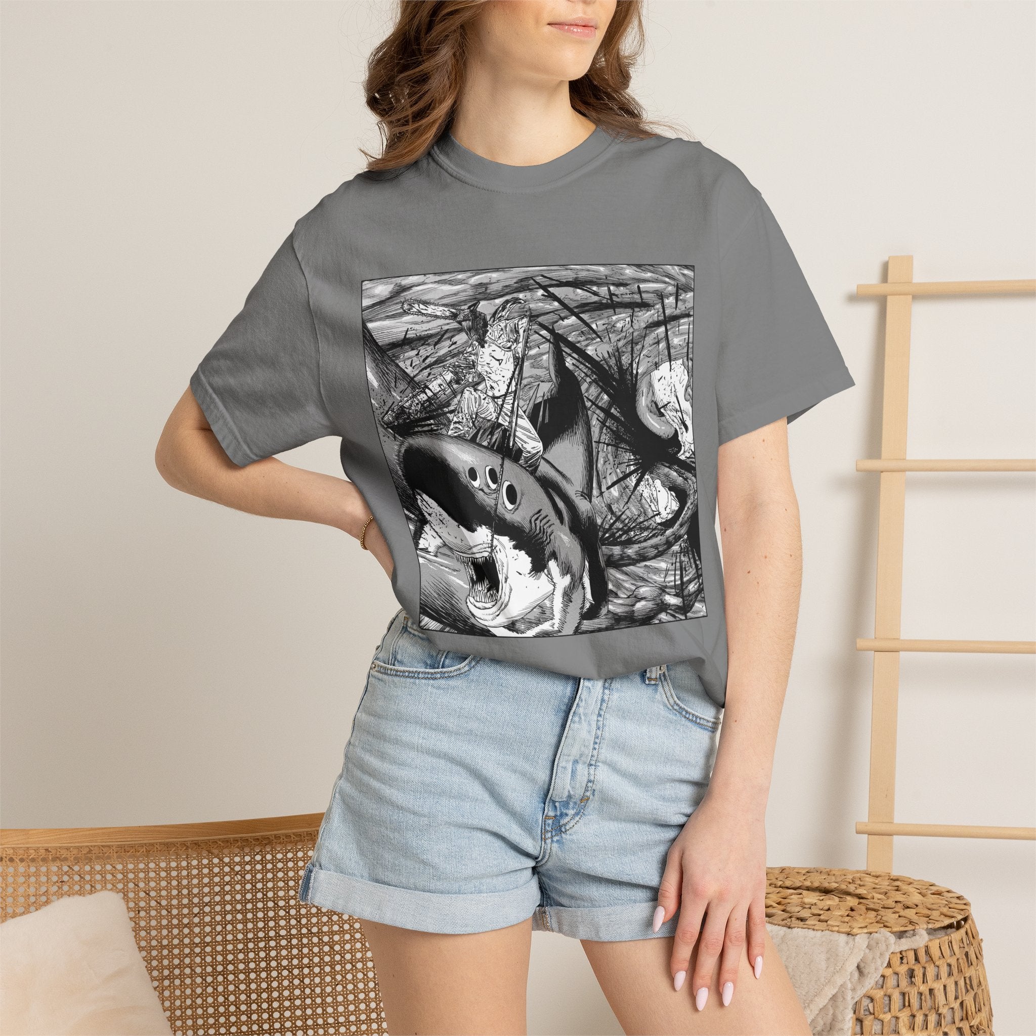 Chainsaw Man Shark Fiend T-Shirt | Black & White Manga Graphic Tee | Japanese Anime Streetwear