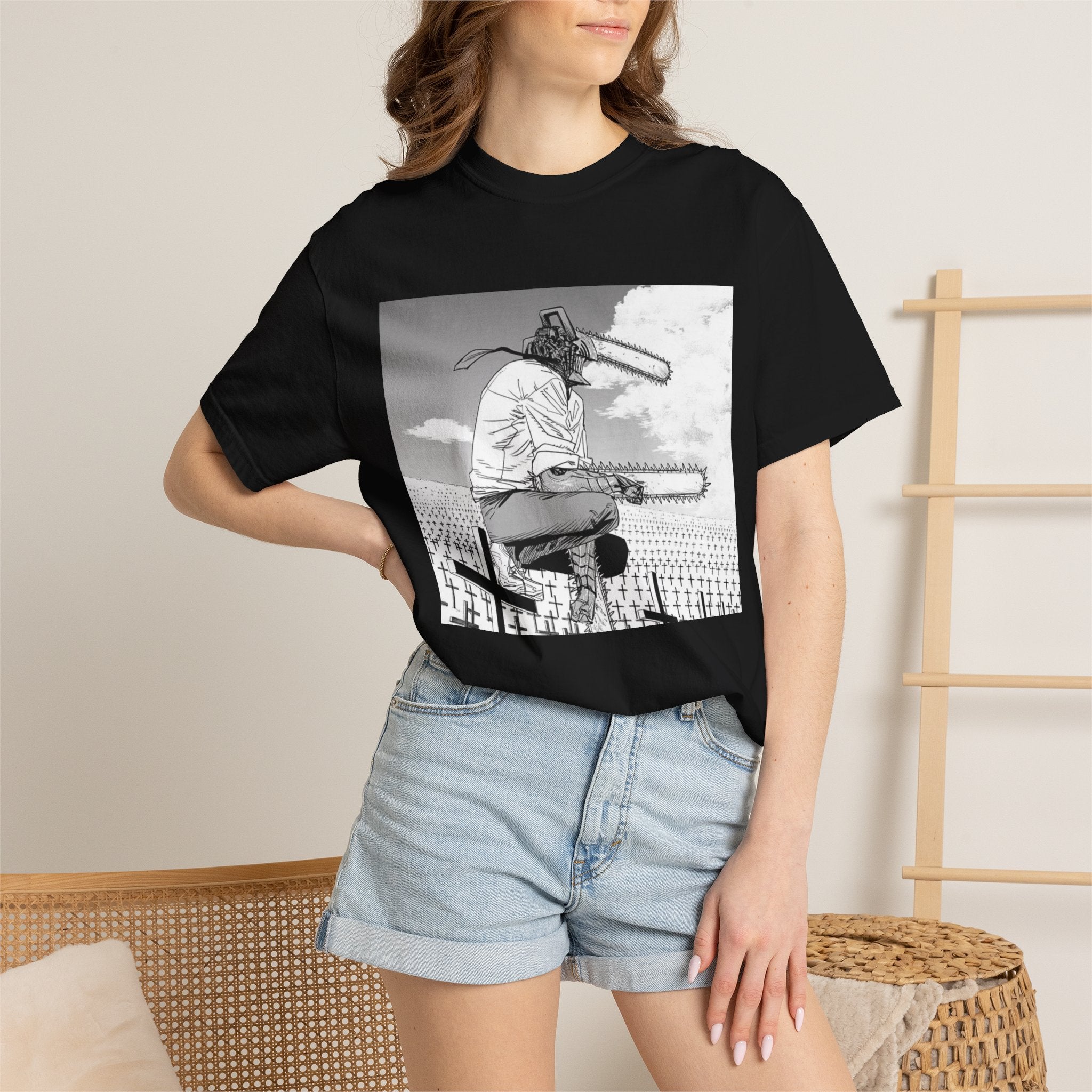 Chainsaw Man Graveyard Scene T-Shirt | Black & White Manga Graphic Tee | Japanese Anime Streetwear