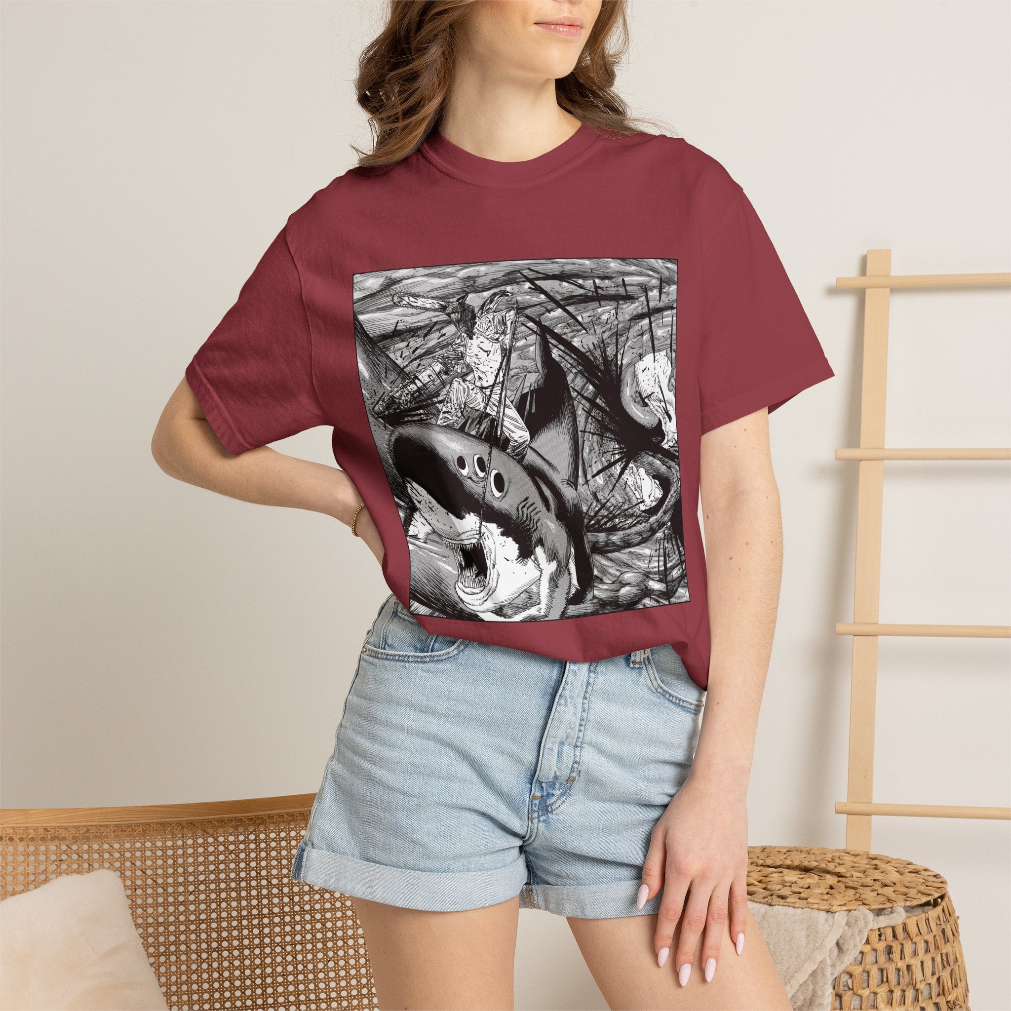 Chainsaw Man Shark Fiend T-Shirt | Black & White Manga Graphic Tee | Japanese Anime Streetwear