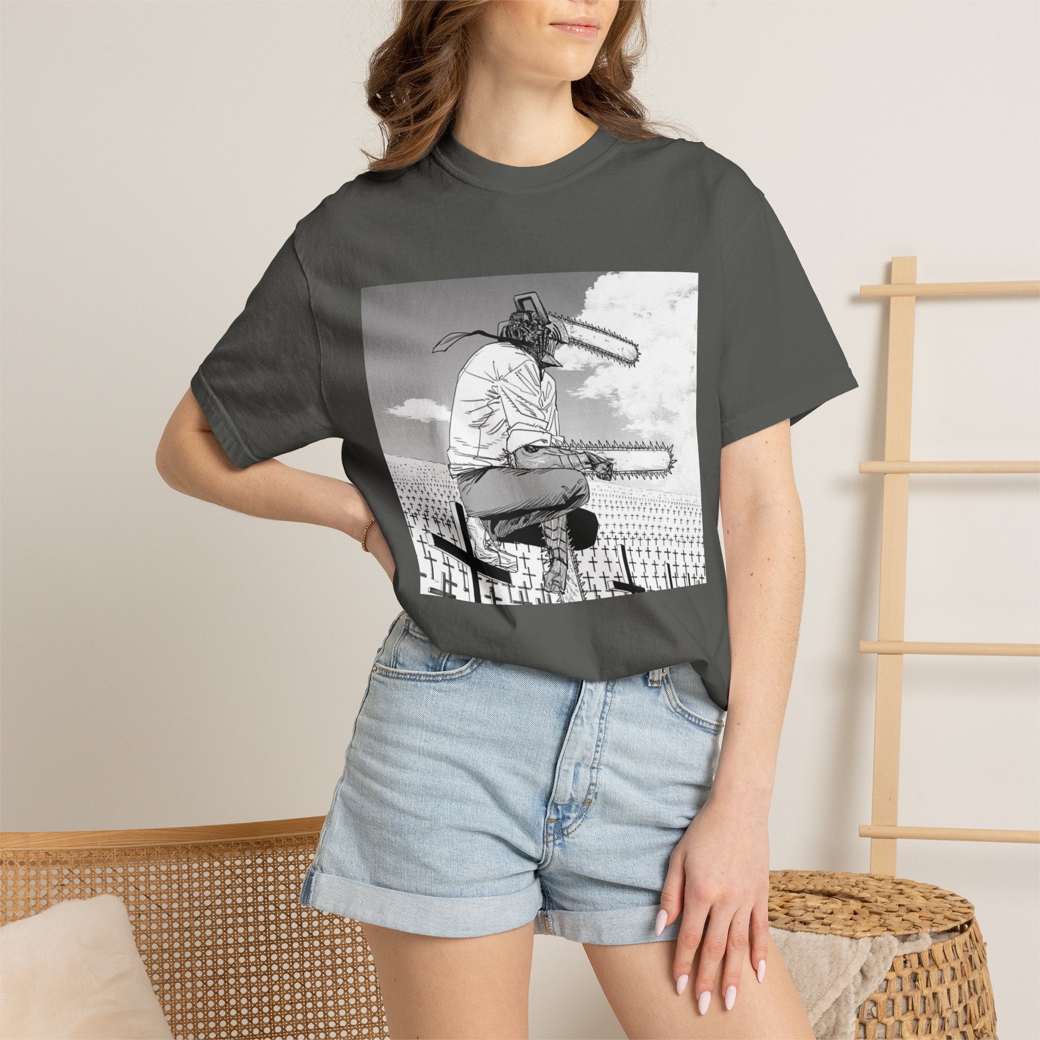 Chainsaw Man Graveyard Scene T-Shirt | Black & White Manga Graphic Tee | Japanese Anime Streetwear