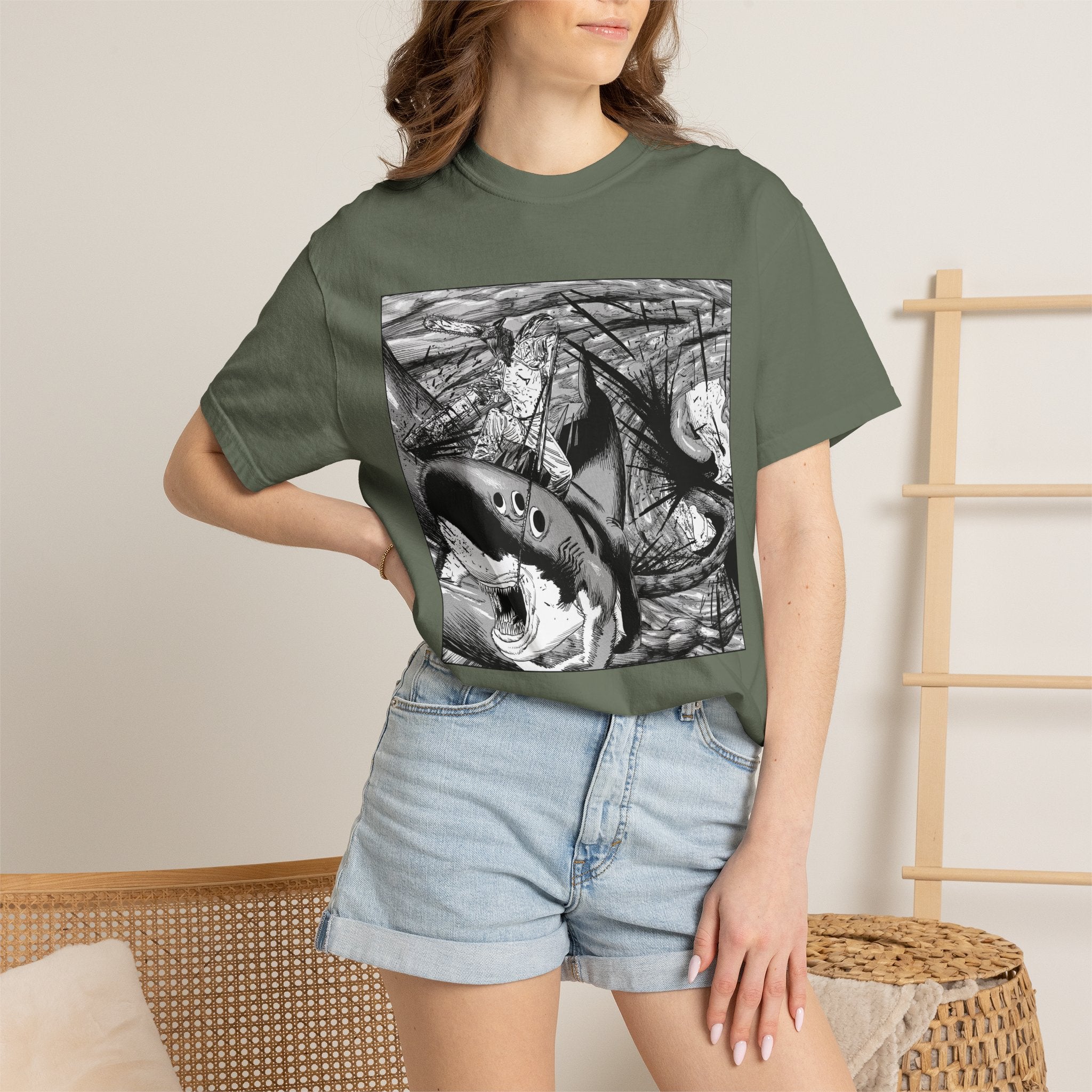 Chainsaw Man Shark Fiend T-Shirt | Black & White Manga Graphic Tee | Japanese Anime Streetwear