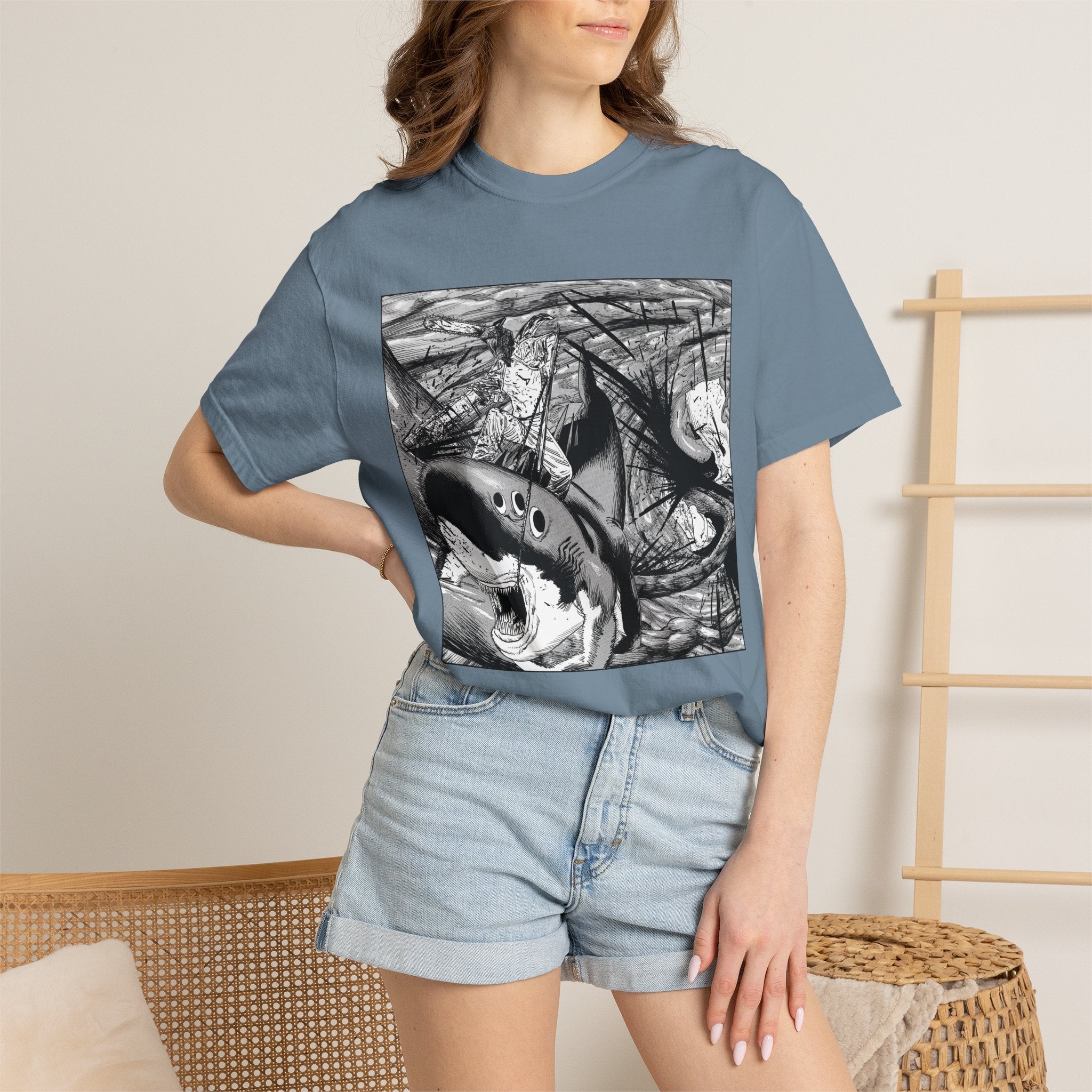 Chainsaw Man Shark Fiend T-Shirt | Black & White Manga Graphic Tee | Japanese Anime Streetwear