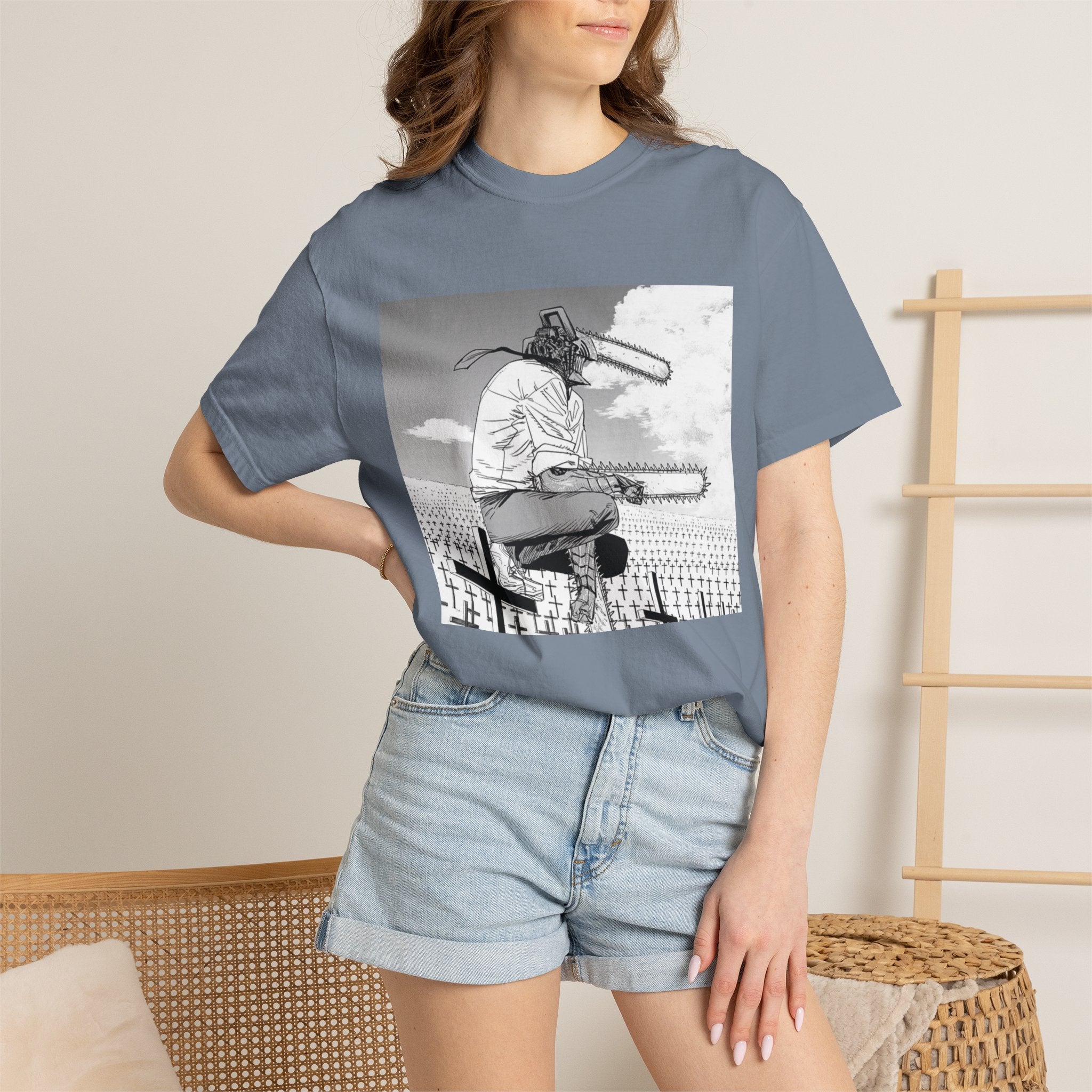 Chainsaw Man Graveyard Scene T-Shirt | Black & White Manga Graphic Tee | Japanese Anime Streetwear